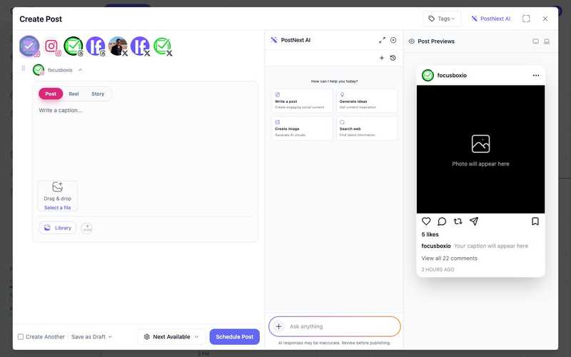 The PostNext AI assistant in the composer offering to write a post, generate ideas, create an image, or search the web