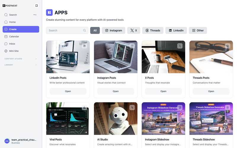 The PostNext Apps gallery with category filters and tool cards for each platform and content type