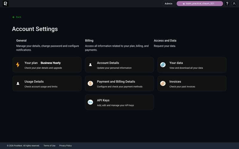The PostNext Account Settings with plan, usage, billing, and invoices options