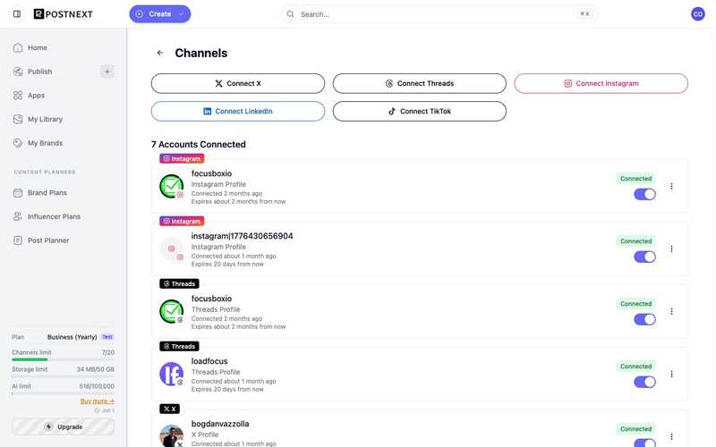 The PostNext Channels screen with connect buttons per platform and connected-account cards showing status and token expiry