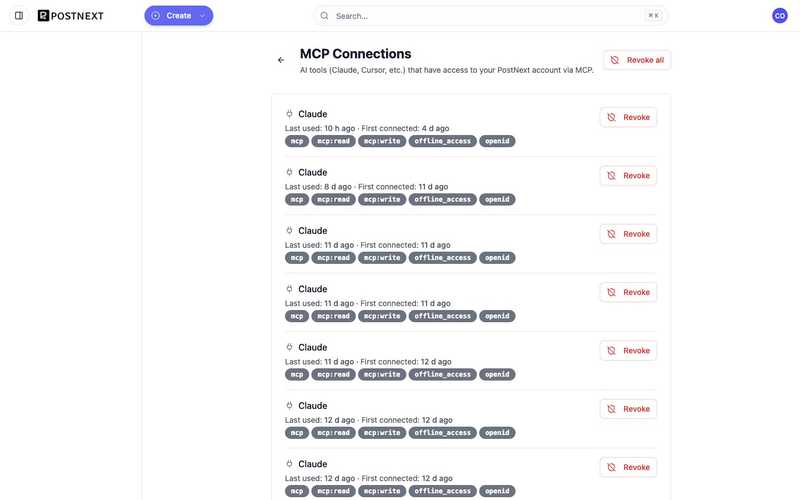 The PostNext MCP Connections screen listing connected AI tools, their scopes, and a Revoke control for each