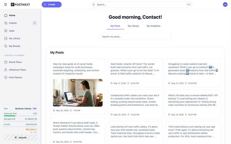 The PostNext home dashboard with the sidebar navigation, plan limits, and your recent posts
