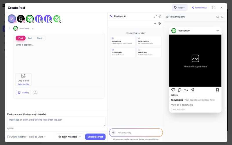 The PostNext AI assistant in the composer offering to write a post, generate ideas, create an image, or search the web