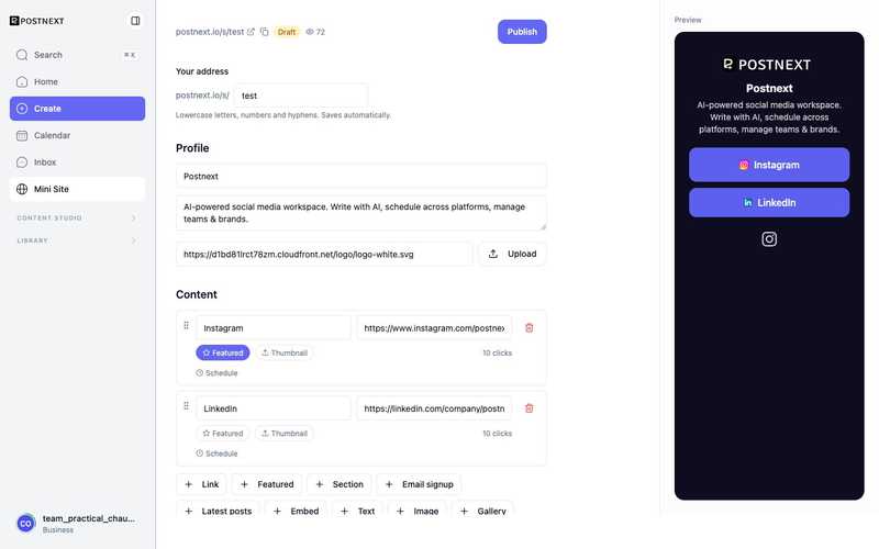 The Mini Site editor with your address, profile, content blocks, and a live preview of the page