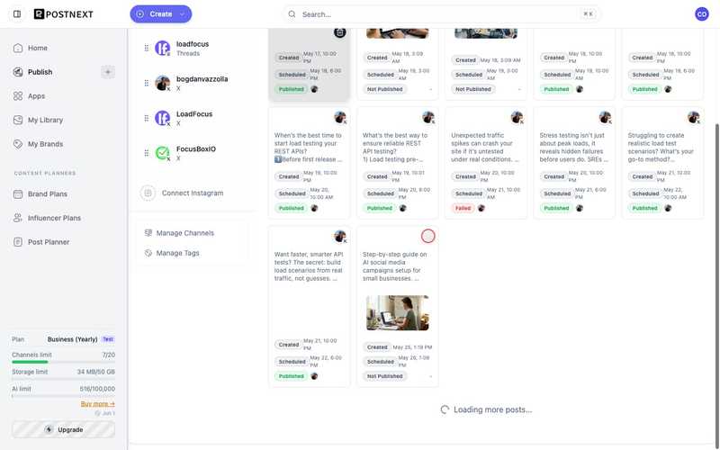 The PostNext Publish screen with its connected channels, view toggles, and the post queue grouped by status