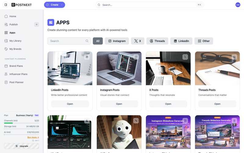 The PostNext Apps gallery with category filters and tool cards for each platform and content type