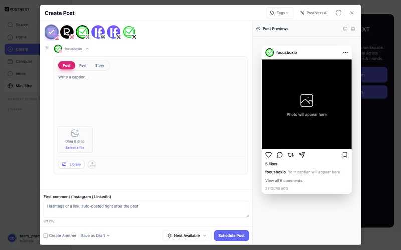 The PostNext composer with channel selection, the caption editor, media options, and a live preview