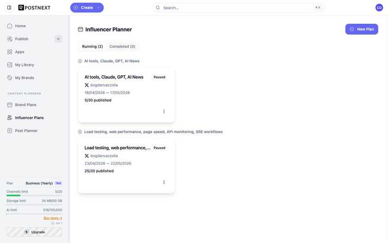 The PostNext Influencer Planner showing plans grouped by topic, each with a channel, a date range, and publishing progress