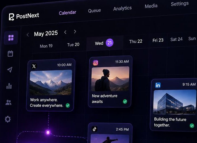 The PostNext calendar showing a week of scheduled posts across X, Instagram and LinkedIn with times and previews