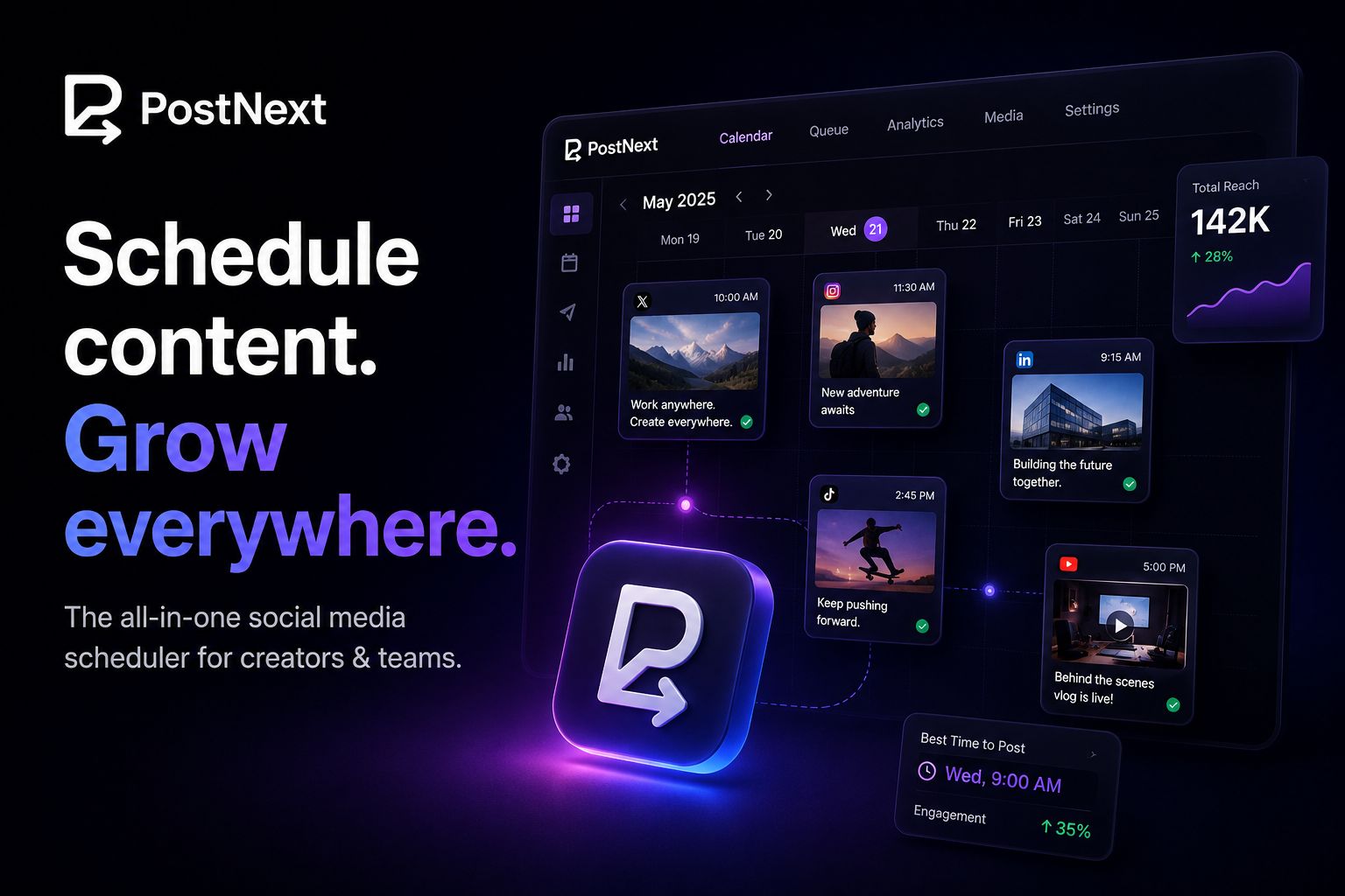 The PostNext content calendar, showing posts scheduled across X, Instagram, LinkedIn, TikTok and YouTube with reach and best-time-to-post analytics